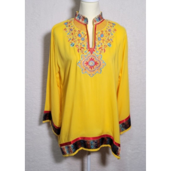 F.A. Fashion 100% Linen Blouse Tunic Yellow Size XL Embroidered Floral 0518 - Picture 1 of 10